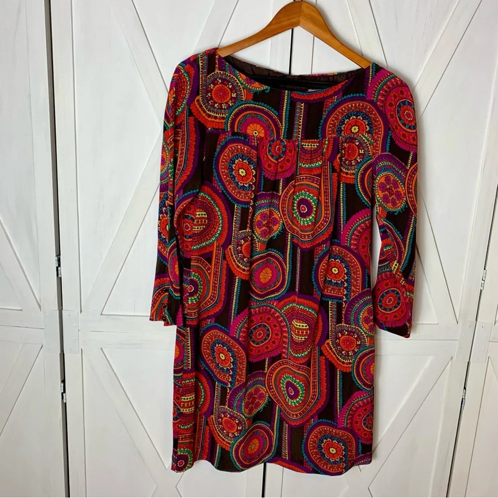 SOLD ❤️ Trina Turk Medallion Mandala 100% Silk 3/4 Length Long Sleeve Dress Sz 8 - Picture 2 of 16